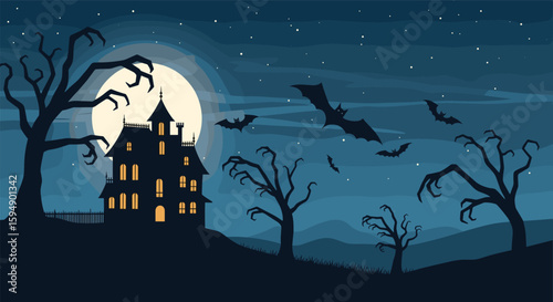 Spooky haunted mansion on a hillside under a full moon with bats flying in the dark night sky