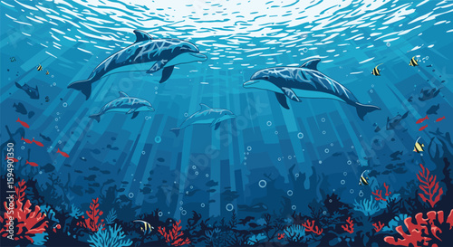 Vibrant underwater world with dolphins and coral reefs bathed in sunlight rays