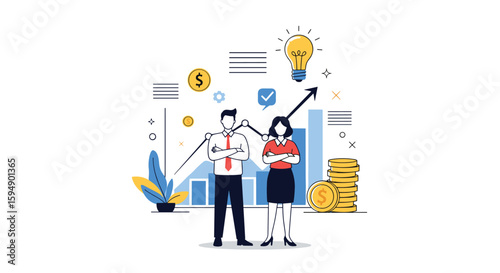 Business growth and financial success represented by a positive upward trend graph and energetic team members celebrating achievements