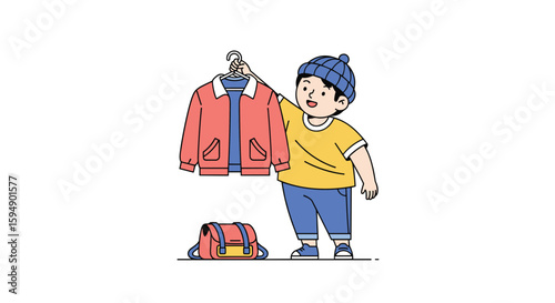 Young boy proudly displays his new red jacket ready for outdoor adventures and school days
