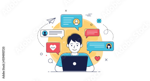 Young man interacting with social media messages and notifications on his laptop with digital communication icons floating around him creating a vibrant digital world