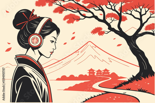 Vector of a geisha with headphones in a landscape with a mountain and a tree in red and black