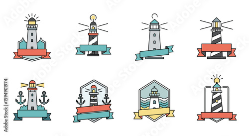 Collection of nautical lighthouse badges and emblems featuring ribbons and anchors for maritime navigation and coastal safety concepts