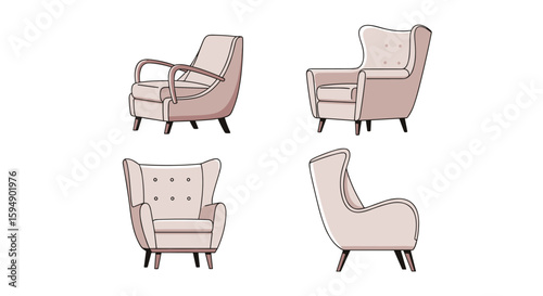 Elegant armchairs collection featuring tufted backs and sloping arms for comfortable living spaces