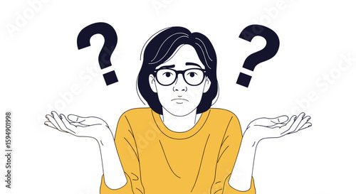 Confused person shrugging with question marks around their head illustrating uncertainty and doubt