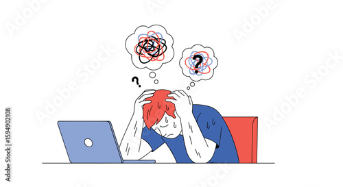 Overwhelmed student struggling with complex problem solving sitting at a desk with a laptop feeling confused and stressed out