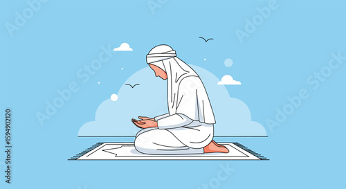 Islamic prayer ritual a devout muslim kneeling in supplication on a prayer mat outdoors under a serene sky