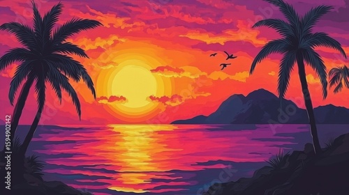 Vibrant sunset over tropical ocean, silhouetted palm trees, and distant mountains.