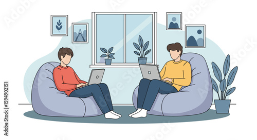 Two young men sitting in comfortable beanbag chairs working on their laptops together in a cozy living room creating a collaborative atmosphere