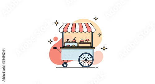 Adorable pixel art sweet treats food cart offering delicious baked goods under a striped awning