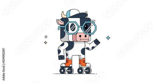 Retro 8 bit pixel art cow character on roller skates with oversized glasses and a baseball cap