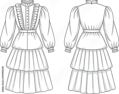 Victorian-inspired dress fashion sketch with high neckline, ruffled sleeves, tiered layered skirt, front back view, cad drawing flat vector illustration