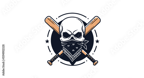 Illustration of a skull wearing a bandana crossed with baseball bats in a circular emblem with stars and stripes