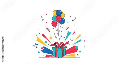 Surprise gift box with balloons confetti and festive decorations celebrating a joyful occasion