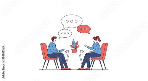 Two people sitting at a table discussing ideas with speech bubbles above their heads in a bright white setting with minimal decor