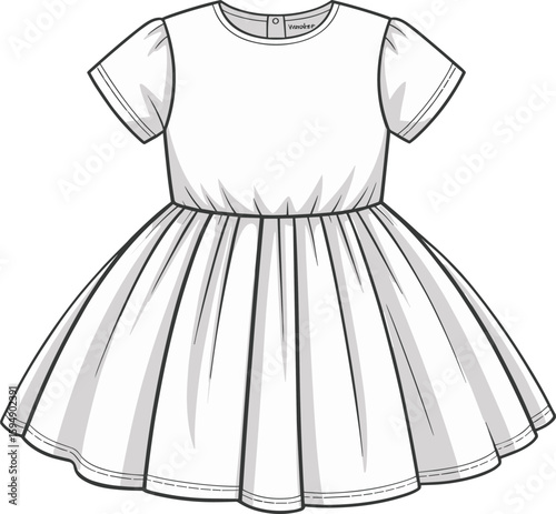 Girls' dress fashion sketch with rounded neckline, gathered skirt, short sleeves, front and back views, cad drawing flat vector illustration