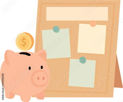 Savings Vision Board.A piggy bank next to a vision board featuring images of travel, home, and education goals — visualizing financial dreams.