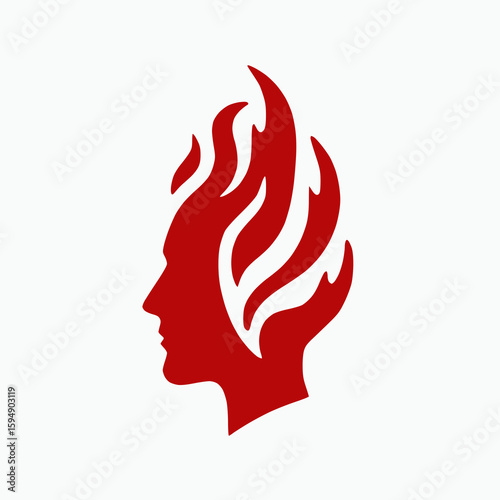 Create a unique flame-shaped logo merging with a human face profile, using a single solid red color on a white background