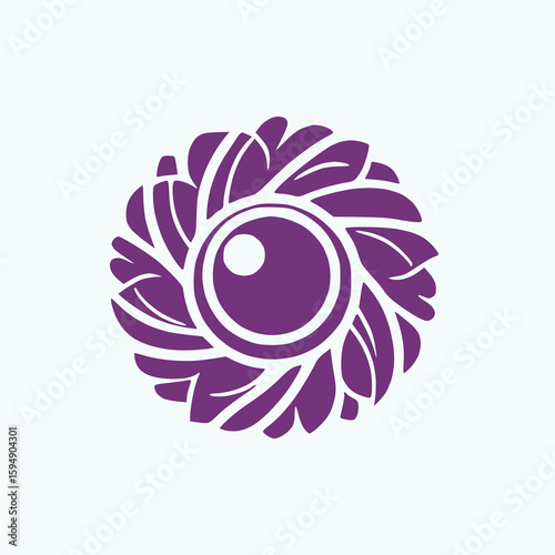 Design a logo of a camera lens formed by flower petals, clean and flat, in solid purple on white background
