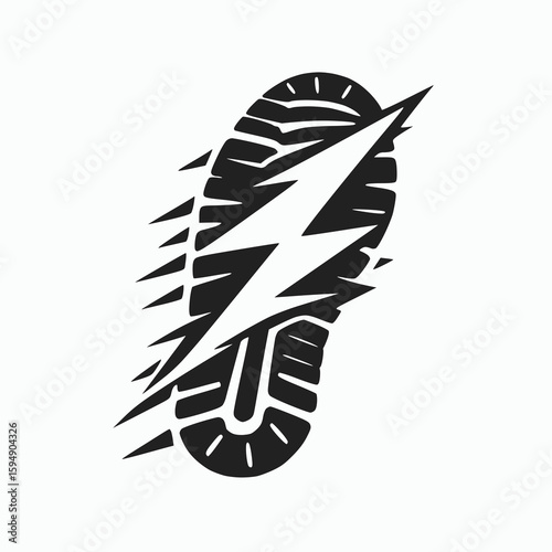 Create a logo of a sneaker sole imprint merging with a lightning bolt, flat solid black design on white background