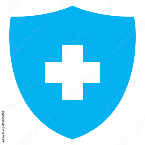 Logo medical. Icono silueta de escudo con cruz en espacio negativo 
