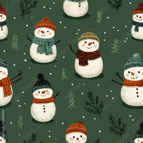 Charming snowmen in colorful hats and scarves decorate a winter-themed pattern on a dark green background