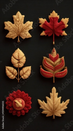 Intricate embroidery of red and gold leaves showcasing autumnal artistry on a dark background