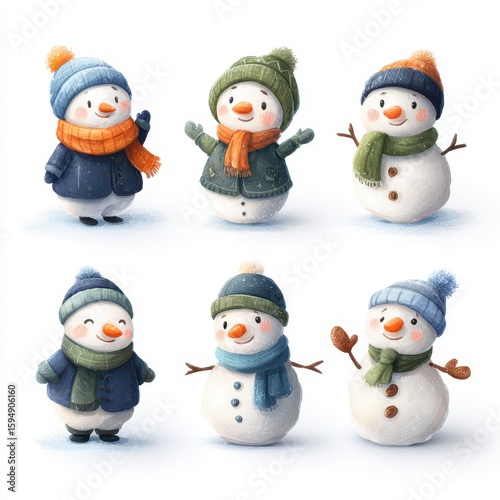 Cheerful snowmen in winter attire demonstrating various joyful poses in a snowy setting