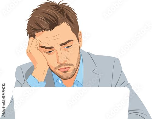 Cartoon man looks tired in front of a laptop computer.