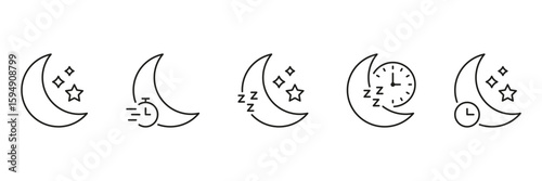 Moon And Clock Line Icon Set. Sleep Tracking, Nighttime Routine, And Restful Sleep Outline Symbol Collection. Sleep Quality Monitoring. Editable Stroke. Isolated Vector Illustration
