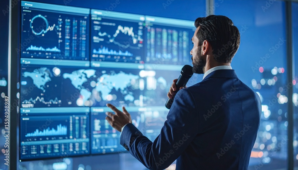 Fototapeta premium Professional presenter speaking about data analysis in office at night