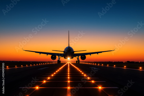 Airplane landing runway lights sunset aircraft takeoff