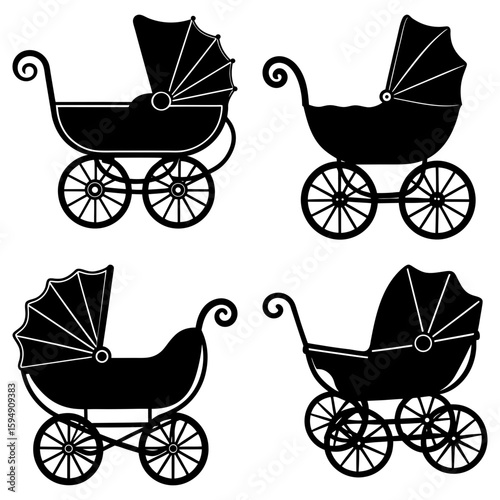 Four vintage baby carriages in black silhouette with detailed wheels and decorative handles illustration