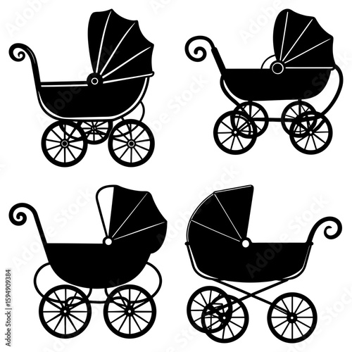 Four vintage baby carriages in black silhouette with varying wheel and canopy designs shown together