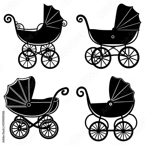 Four baby carriages in black silhouette with different wheel and handle designs on a white background