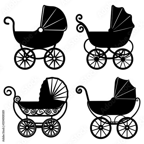 Four silhouette illustrations of vintage baby carriages with varying designs and wheel styles shown