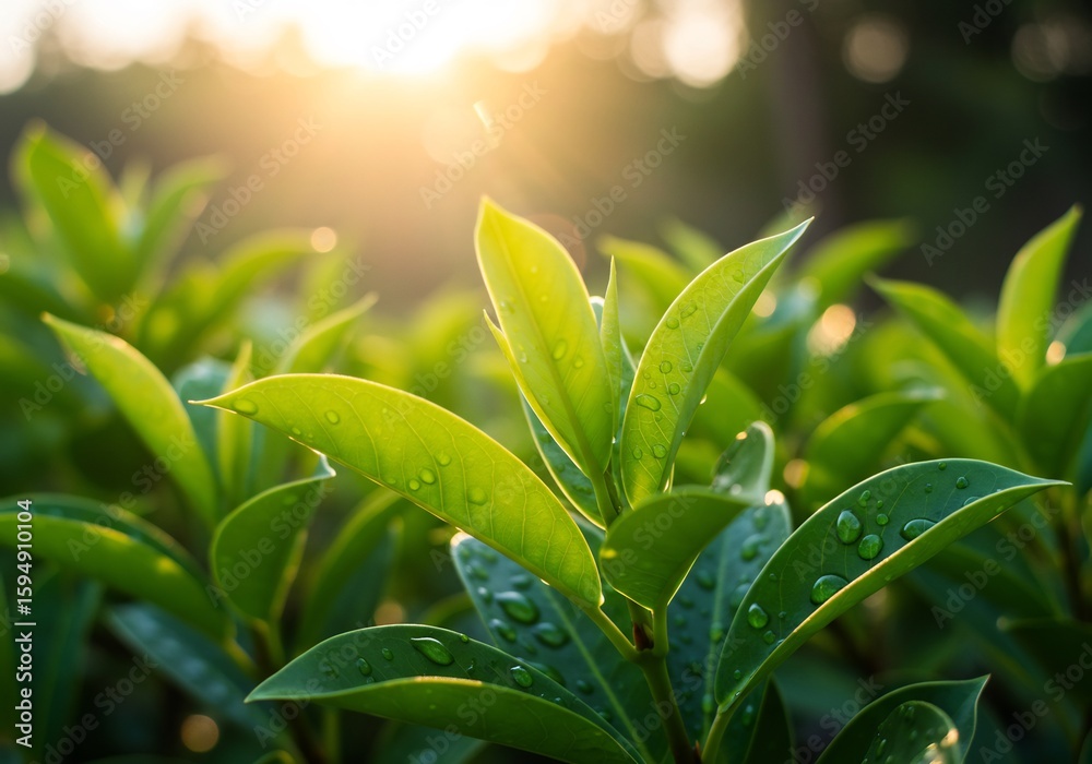 Fototapeta premium 朝陽輝く緑葉 瑞々しい露 生命力満ちる