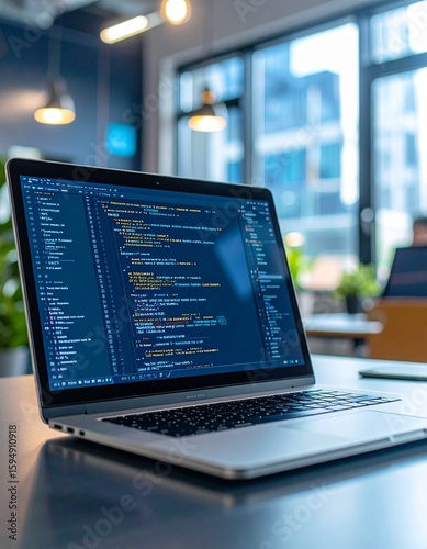 Wallpaper Mural Modern laptop with programming code on screen in bright office space Torontodigital.ca