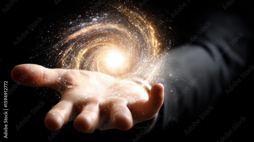 Obraz premium A glowing galaxy spiral hovers above an outstretched hand against a dark background, symbolizing cosmic power and mystery.
