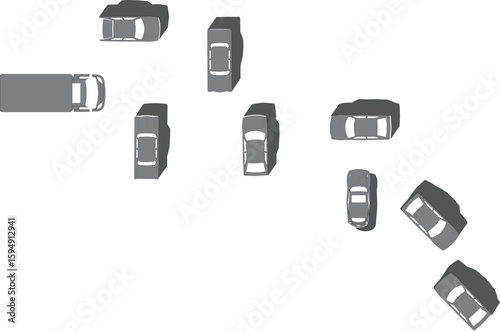 a top-down vector diagram of several cars and a bus, arranged to suggest movement or a traffic flow.
