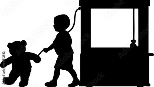 Silhouette of a child pulling a teddy bear on a string next to a large rectangular object with a rope on it