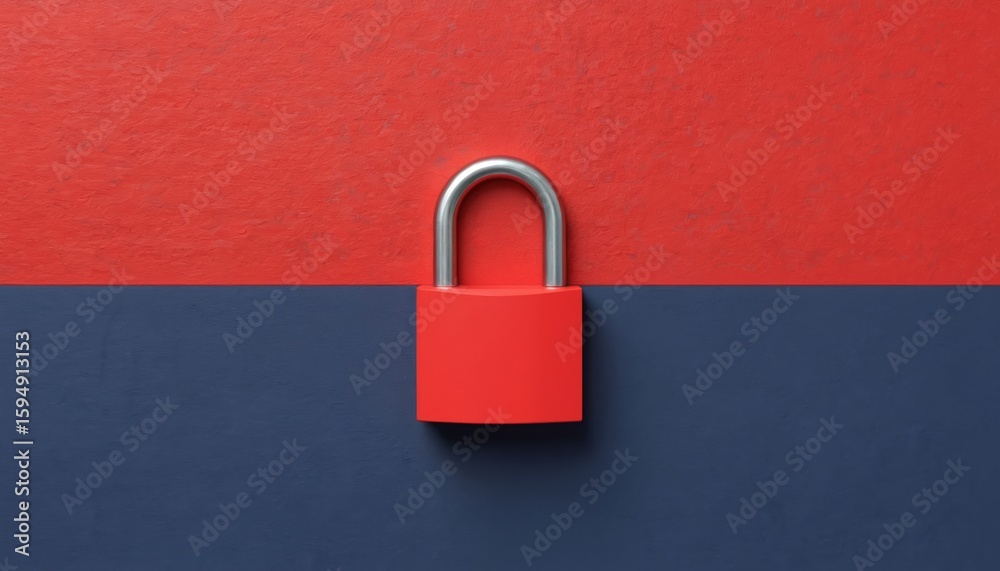 Fototapeta premium Red padlock on split red, blue background symbolizes security, protection. Ideal for concepts of privacy, trust, digital safety. Strong visual representation of access control, data encryption.