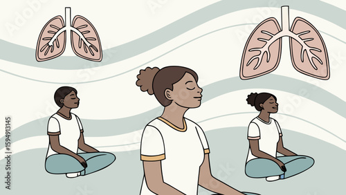 Women practicing mindful breathing and meditation with lung illustrations