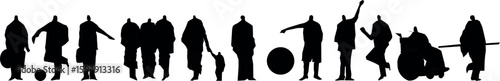 a row of black silhouette vector figures of people in various poses. The figures include individuals standing, one with a soccer ball, one carrying a bag, and a pair walking together.