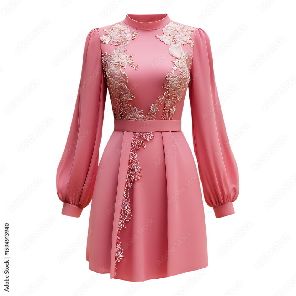 Obraz premium Pink mini dress with long sleeves and lace detailing elegant and stylish design