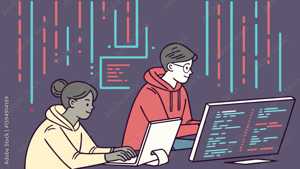 Two young people coding on laptops with digital data visualization in the background