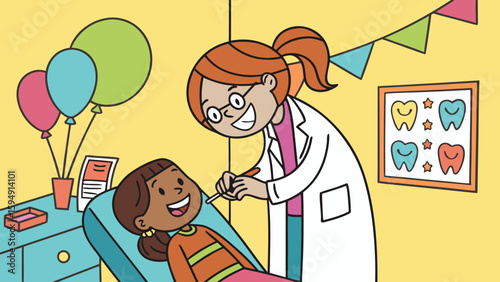 Happy child at the dentist with colorful decorations