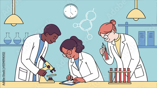 Diverse scientists working together in a laboratory conducting research