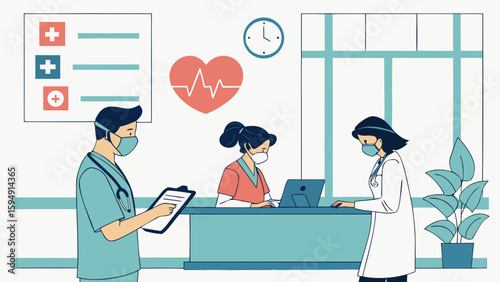 Medical professionals working together at a hospital reception desk