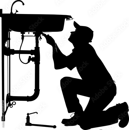 Plumber Silhouette Working on Sink Pipes and Faucet